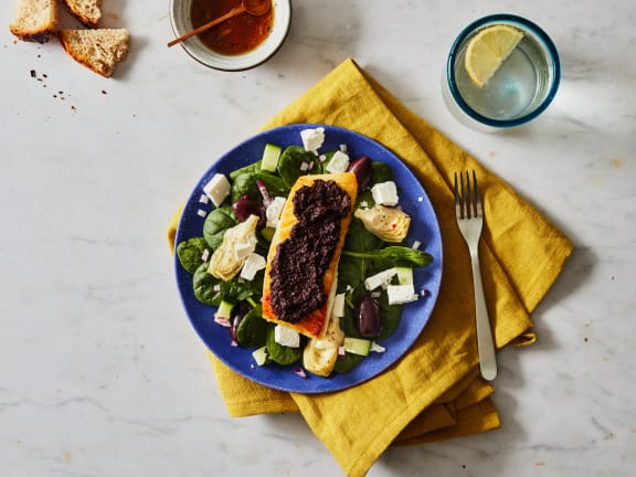 pacific halibut with tapenade over greek salad