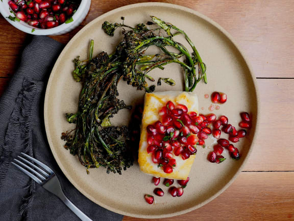 Pacific Halibut with Pomegranate Relish and Lemony Roasted Broccoli