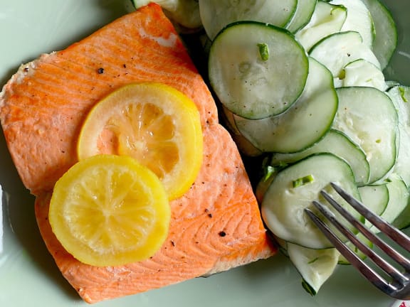 poached sockeye salmon with cucumber salad