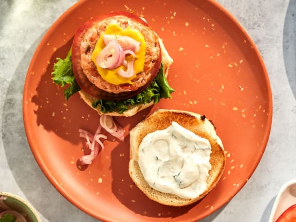 Classic Salmon Burgers with Alaskan sockeye salmon and avocado