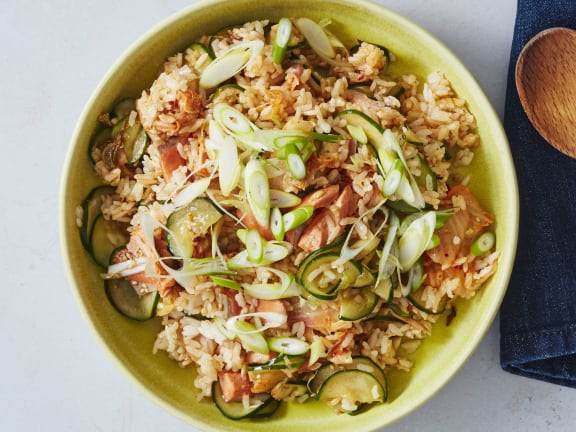 salmon fried rice with garlicky cucumbers