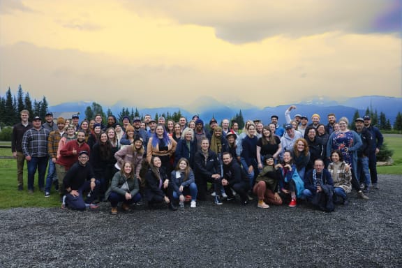 Group portrait of the wild alaskan company team at the diamond j ranch in alaska