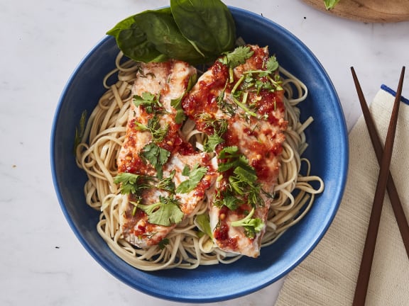 baked rockfish with chili garlic sauce on noodles