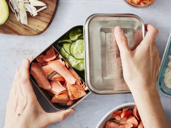 flaked salmon in storage container