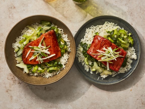 bok choy spicy mustard salmon bowl