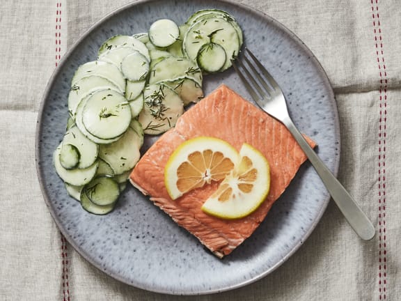 cucumber salad with poached sockeye salmon