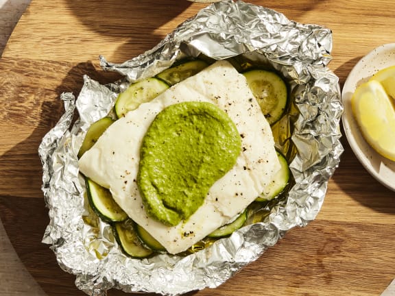 pacific halibut zucchini grill packets with pesto