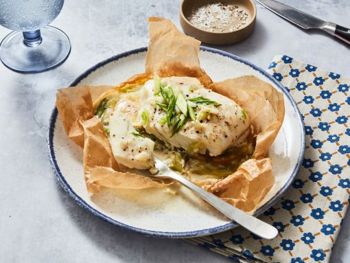 Creamy, Garlicky Lingcod or Pacific Halibut en Papillote