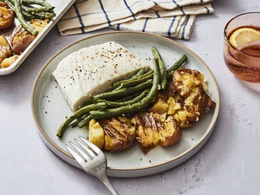 Pacific Halibut Sheet Pan Meal with Crispy Smashed Potatoes