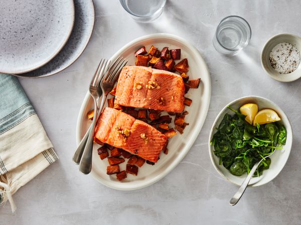 Sheet Pan Salmon with Maple Roasted Sweet Potatoes and Wilted Spinach ...