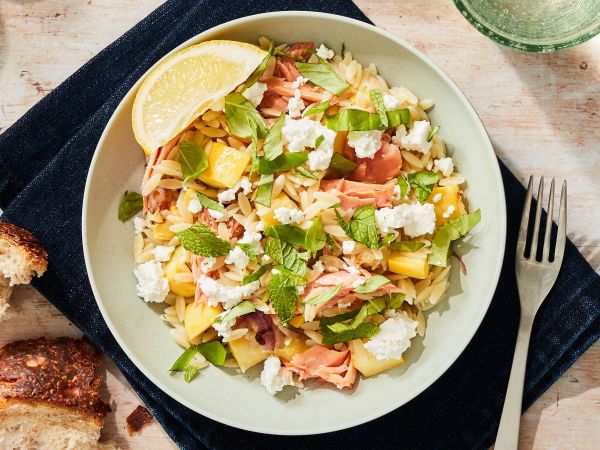 Coho Salmon and Orzo Salad with Feta, Summer Squash, and Herbs