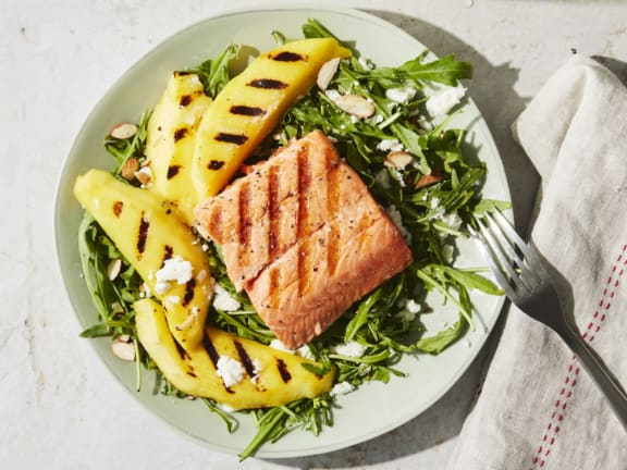 grilled salmon and mango with salad