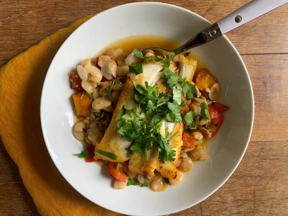 seared pacific halibut with beans