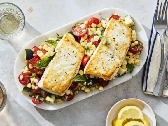 pacific halibut with corn and zucchini