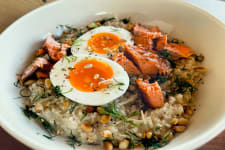 leftover flaked salmon in grain bowl