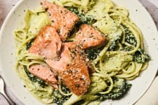 creamy salmon pasta with artichokes and kale