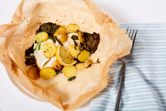 One-Pouch Meal with Pacific Cod, Potatoes and Kale en Papillote