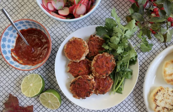 Ginger-Chili Glazed Salmon Cakes with Quick Pickled Radishes