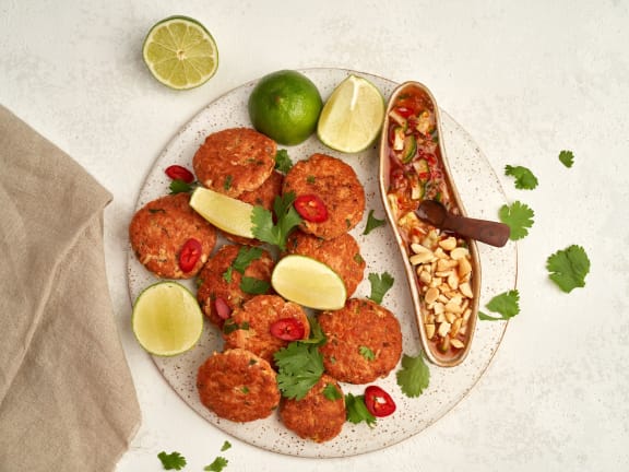 Sweet and Spicy Salmon Fish Cakes with Cucumber-Peanut Sauce