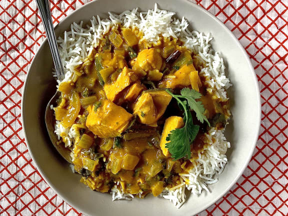 Spiced Pumpkin Curry with Coconut Milk and Wild Salmon