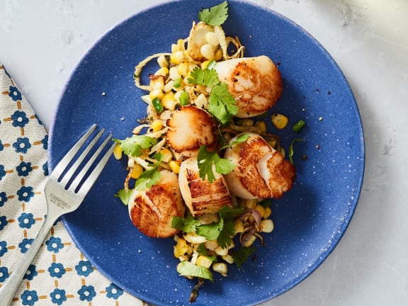 seared weathervane scallops with fennel and corn relish