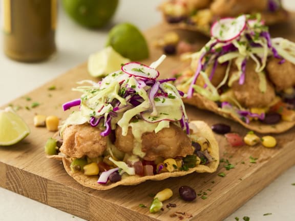 beer battered fish tostadas with lime crema