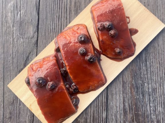 cedar plank salmon with blueberry bbq sauce