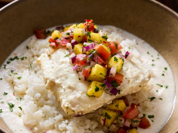 poached pacific halibut in coconut milk