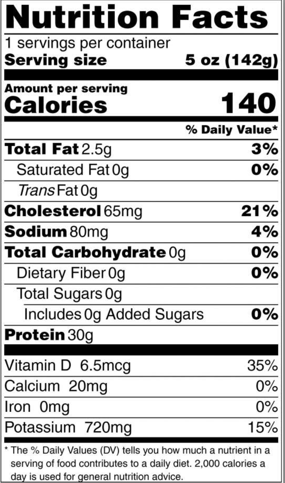 Nutrition facts for Pacific Halibut Skin-On - 2 Pack