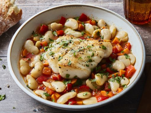 Seared White Fish over Brothy Butter Beans