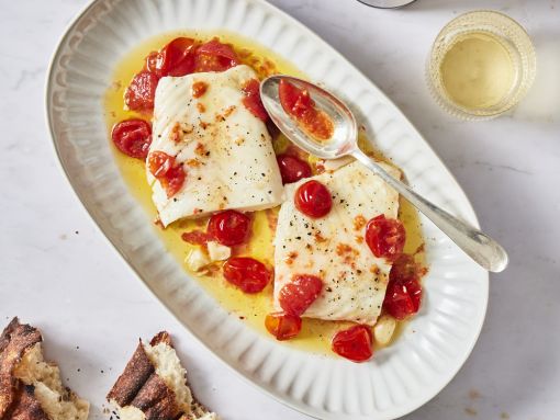 Oil-Poached Pacific Halibut with Smashed Garlic and Tomato Dressing