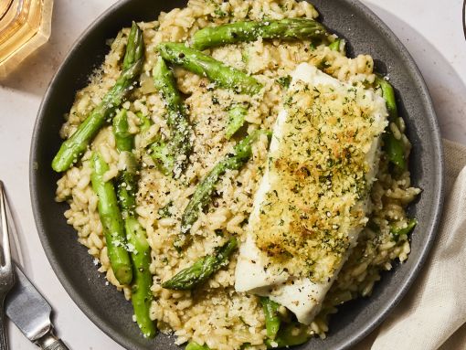 Herb-Crusted Pacific Halibut With Creamy Asparagus Risotto