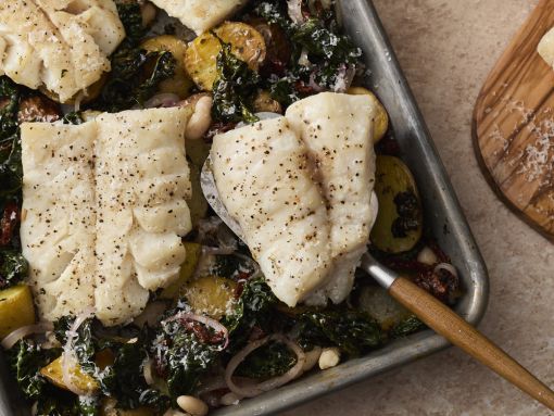Tuscan Sheet Pan Fish and Veggies With Kale and Sun-Dried Tomatoes
