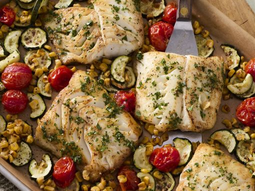 Baked Sablefish With Sweet Corn, Zucchini, and Cherry Tomatoes