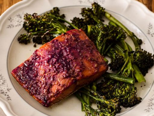 Sheet Pan Salmon with Sweet Mustard Glaze and Garlicky Vegetables