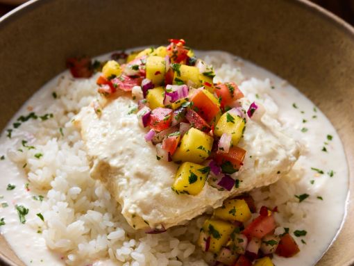 Coconut Poached Fish with Mango Salsa