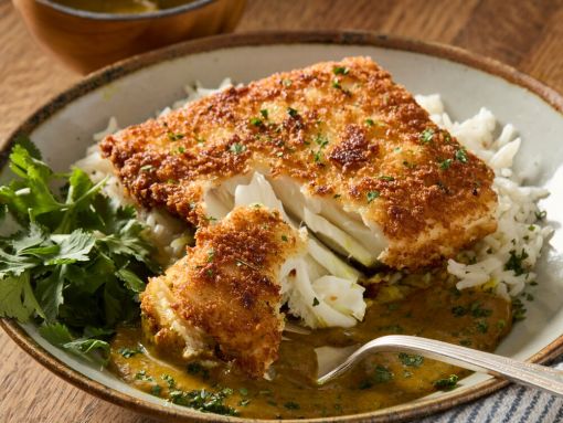 Crispy Pacific Halibut with Thai Red Curry and Coconut Rice