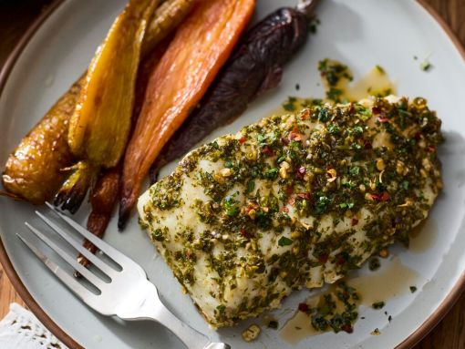 Baked Pacific Halibut with Easy Chermoula Sauce