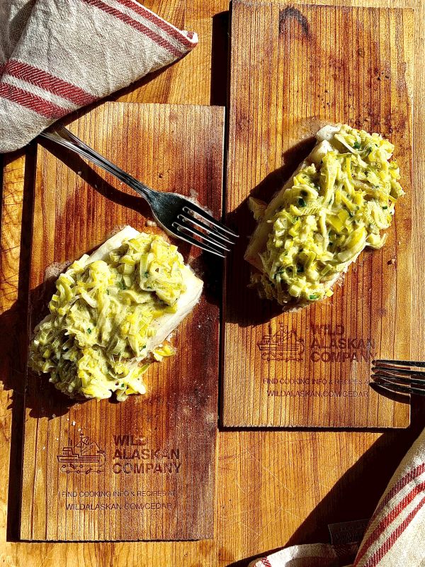 Cedar Plank Halibut with Creamed Leeks Wild Alaskan Company