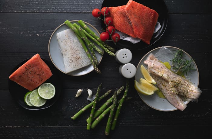 Sablefish, Rockfish and Salmon with asparagus and citrus