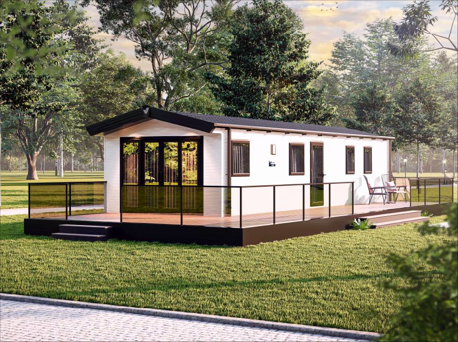The Willerby Manor exterior in white with an oak decking, sited on a field.