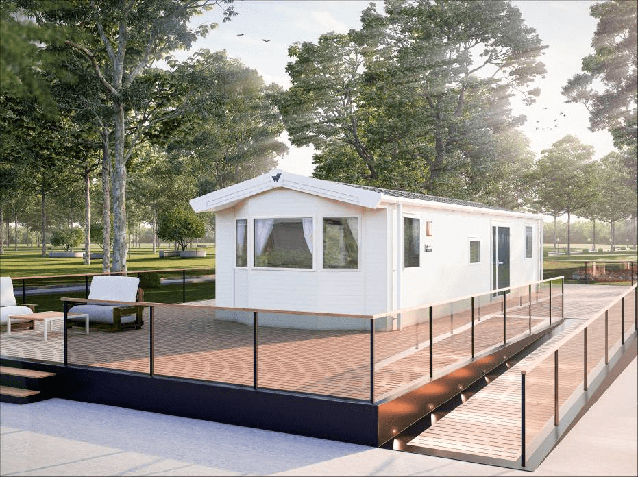 The Willerby Richmond exterior in white with an accessible brown decking.