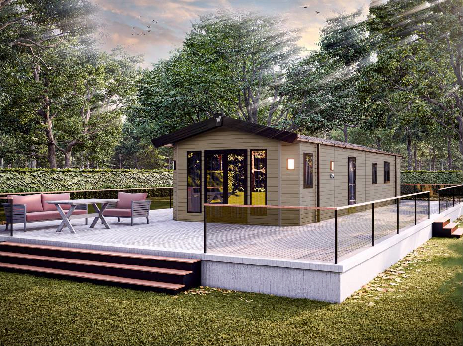 The Willerby Sheraton exterior in green with white decking sited on a cosy grassy forest.