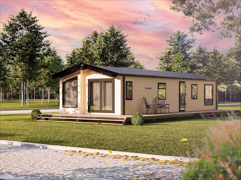 The Willerby Waverley exterior in a light yellow sited on a grassy field.