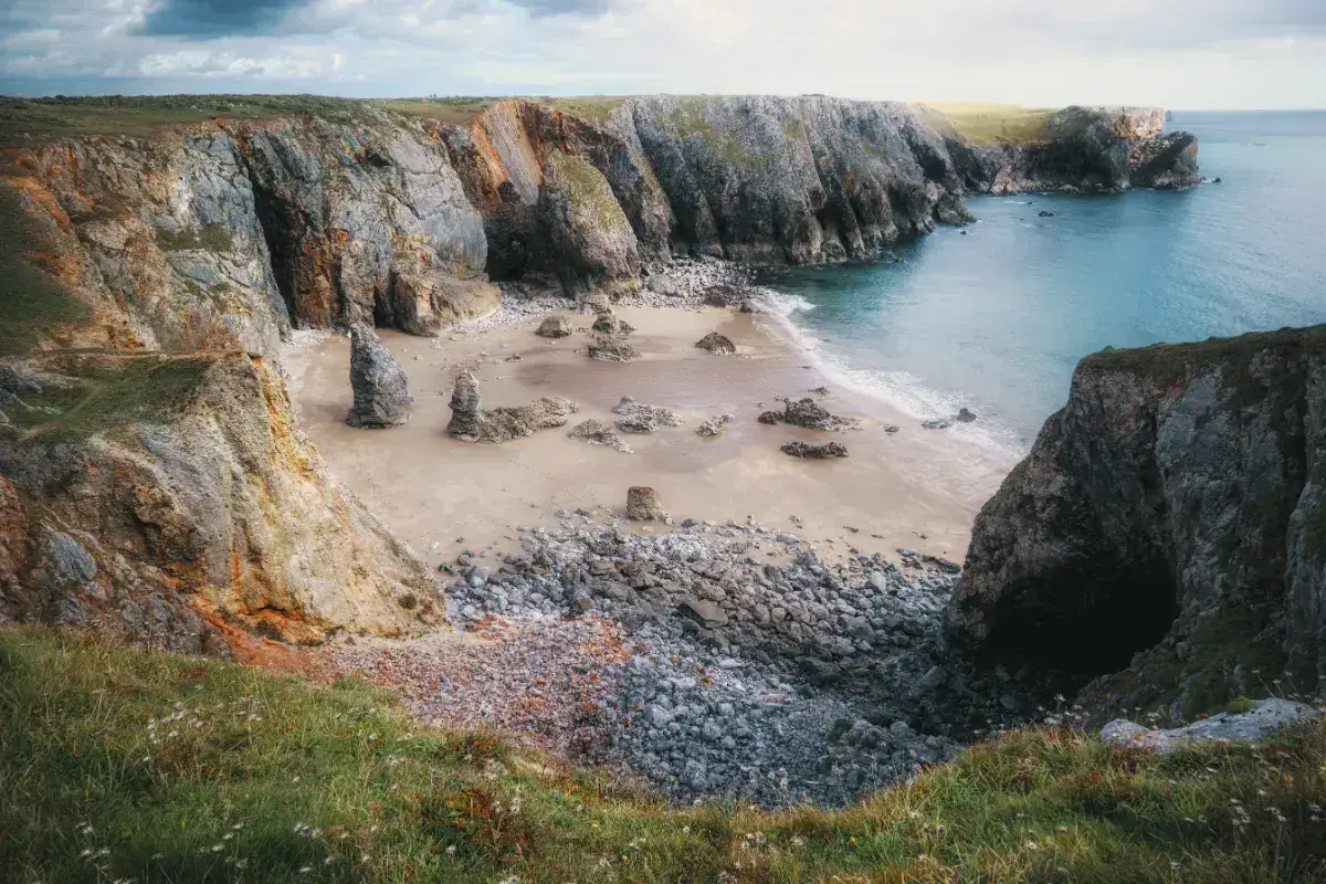 View from the top of the cliffs over Flimston Bay in Pembrokeshire. 
