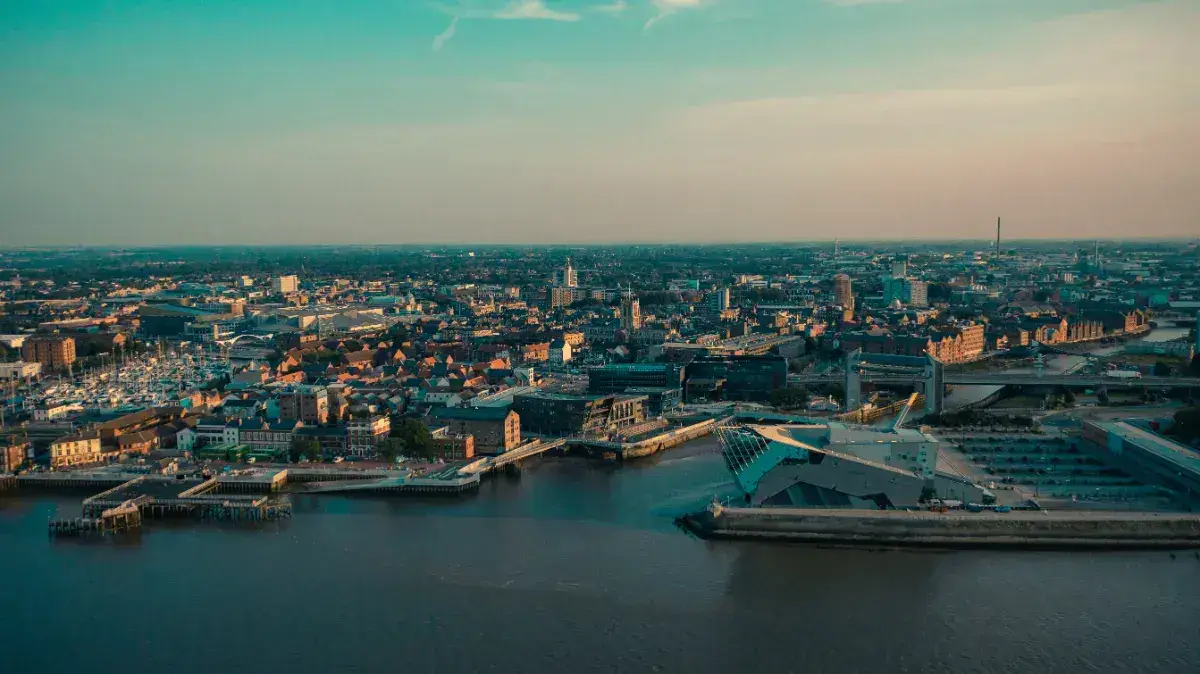 An aerial view of Hull, including The Deep, the marina and the city centre. 