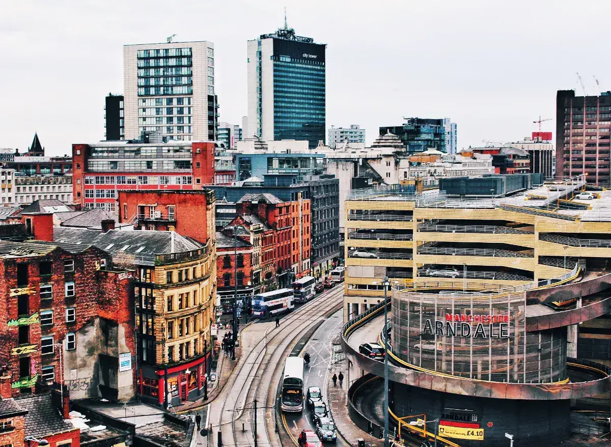 Looking down on a Manchester street including the Arndale Centre.