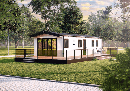The Willerby Manor exterior in white with an oak decking, sited on a field.