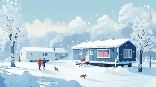 People walking outside a static caravan in the snow