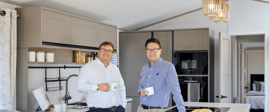 Chief Commercial Officer Darren Black, left, and Senior Product Manager Josh Mills in the Vogue’s on-trend kitchen, which features a large island – a first for the model.